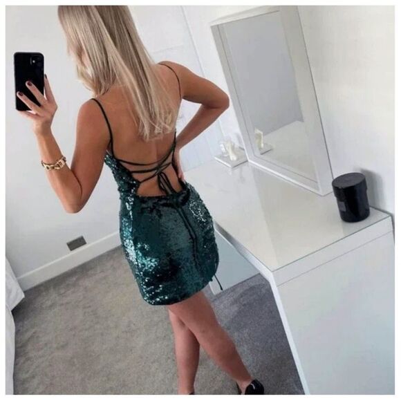 ZARA Green Sequin Lace-up Mini Dress Size S - Picture 1 of 11
